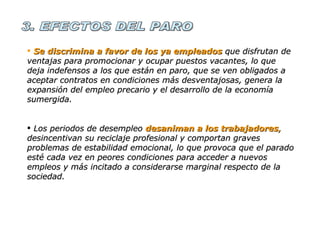 3. EFECTOS DEL PARO Se discrimina a favor de los ya empleados  que disfrutan de ventajas para promocionar y ocupar puestos vacantes, lo que deja indefensos a los que están en paro, que se ven obligados a aceptar contratos en condiciones más desventajosas, genera la expansión del empleo precario y el desarrollo de la economía sumergida. Los periodos de desempleo  desaniman a los trabajadores ,  desincentivan su reciclaje profesional y comportan graves problemas de estabilidad emocional, lo que provoca que el parado esté cada vez en peores condiciones para acceder a nuevos empleos y más incitado a considerarse marginal respecto de la sociedad. 