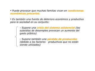 Puede provocar que muchas familias vivan en  condiciones económicas precarias. Es también una fuente de deterioro económico y productivo para la sociedad en su conjunto: - Supone una  crisis del sistema asistencial  (los  subsidios de desempleo provocan un aumento del  gasto público) - Supone también una  pérdida de producción   (debido a los factores  productivos que no están  siendo utilizados) 