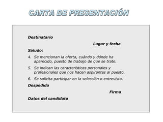 CARTA DE PRESENTACIÓN Destinatario Lugar y fecha Saludo: Se mencionan la oferta, cuándo y dónde ha aparecido, puesto de trabajo de que se trate. Se indican las características personales y profesionales que nos hacen aspirantes al puesto. Se solicita participar en la selección o entrevista. Despedida Firma Datos del candidato 