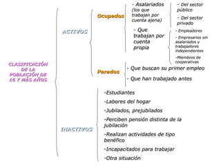 CLASIFICACIÓN DE LA POBLACIÓN DE 16 Y MÁS AÑOS ACTIVOS INACTIVOS Ocupados Parados -  Asalariados  (los que trabajan por cuenta ajena) -  Que trabajan por cuenta propia -  Que buscan su primer empleo -  Que han trabajado antes Estudiantes Labores del hogar Jubilados, prejubilados Perciben pensión distinta de la jubilación Realizan actividades de tipo benéfico Incapacitados para trabajar -Otra situación -  Del sector público -  Del sector privado Empleadores Empresarios sin asalariados y trabajadores independientes Miembros de cooperativas 