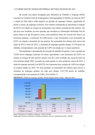 7
1.2 O MERCADO DE TRABALHO FORMAL DO PARÁ EM MAIO DE 2013
De acordo com dados divulgados pelo Ministério do Trabalho e Emprego (MTE)
com base no Cadastro Geral de Empregados e Desempregados (CAGED), em maio de 2013
o estado do Pará obteve saldo negativo na geração de empregos formais, registrando 45
postos a menos, de empregos celetistas. Esse número corresponde ao equivalente à redução
de 0,01% em relação ao estoque de assalariados com carteira assinada do mês anterior. Em
que pese esse resultado, na série ajustada, que incorpora as informações declaradas fora do
prazo, observa-se que de janeiro a maio, cinco primeiros meses do corrente ano, houve, na
economia paraense, o acréscimo de 4.080 postos, o que corresponde a um incremento de
0,55% em relação a dezembro do ano anterior. No acumulado dos últimos doze meses (de
junho de 2012 a maio de 2013), o montante de empregos gerados atingiu 23.158 postos de
trabalho, correspondendo a um aumento de 3,20% em relação aos 12 meses anteriores.
Nacionalmente o desempenho do mercado de trabalho foi positivo, com a geração de
72.028 novos empregos celetistas em maio, equivalendo a um incremento de 0,18% em
relação ao estoque do mês anterior, porém, esse foi o pior resultado dos meses de maio na
série histórica desde 2003. Levando em conta apenas os cinco primeiros meses de 2013, o
saldo do emprego nacional é de 669.279, isto representa uma variação de 1,69% em relação
ao estoque obtido em 2012. Na série ajustada, no acumulado dos últimos doze meses, o
montante de empregos gerados em todo país atingiu 1.017.750 postos de trabalho,
correspondendo a um aumento de 2,60%. (Ver Gráfico 1)
GRÁFICO 1. Saldo de empregos formais. Brasil, Região Norte e Pará – Maio de 2013.
Fonte: Ministério do Trabalho e Emprego - MTE/CAGED.
Elaboração: Instituto de Desenvolvimento Econômico, Social e Ambiental do Pará – IDESP
-200.000
0
200.000
400.000
600.000
800.000
1.000.000
1.200.000
Brasil Norte Pará
Mai./2013 72.028 -663 -45
No Ano 669.279 11.805 4.080
Últimos 12 meses 1.017.750 46.569 23.158
 