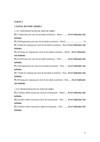 PARTE 2

1 PAINEL DE INDICADORES

1.1 P1. MOVIMENTAÇÃO DE MÃO DE OBRA
P1. 1 Admissões por setor de atividade econômica – Brasil ............ Erro! Indicador não
definido.
P1. 2 Desligamentos por setor de atividade econômica – Brasil.................................... 19
P1. 3 Saldo de emprego por setor de atividade econômica – Brasil Erro! Indicador não
definido.
P1. 4 Estoque de emprego por setor de atividade econômica – Brasil .... Erro! Indicador
não definido.
P1. 5 Admissões por setor de atividade econômica – Pará .............. Erro! Indicador não
definido.
P1. 6 Desligamentos por setor de atividade econômica – Pará ........ Erro! Indicador não
definido.
P1. 7 Saldo de emprego por setor de atividade econômica – Pará ... Erro! Indicador não
definido.
P1. 8 Estoque de emprego por setor de atividade econômica – Pará. ..... Erro! Indicador
não definido.

1.2 P2. REMUNERAÇÃO DA MÃO DE OBRA
P2. 1 Salário médio mensal por faixa de remuneração – Brasil ....... Erro! Indicador não
definido.
P2. 2 Salário médio mensal por faixa de remuneração – Pará. ........ Erro! Indicador não
definido.
P2. 3 Salário médio mensal por região de integração – Pará. .......... Erro! Indicador não
definido.




                                                                                                 18
 
