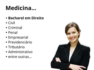 Medicina...
• Bacharel em Direito
• Civil
• Criminal
• Penal
• Empresarial
• Previdenciário
• Tributário
• Administrativo
• entre outras...
 