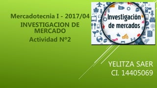 YELITZA SAER
CI. 14405069
Mercadotecnia I - 2017/04
INVESTIGACION DE
MERCADO
Actividad Nº2
 