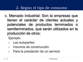 c. Mercado industrial: Son la empresas que
tienen el carácter de clientes actuales y
potenciales de productos terminados o
semiterminados, que serán utilizados en la
producción de otros:
Ejemplo:
 Las autopartes
 Insumos de construcción
 Para la prestación de un servicio
2. Según el tipo de consumo
11 El Mercado
 