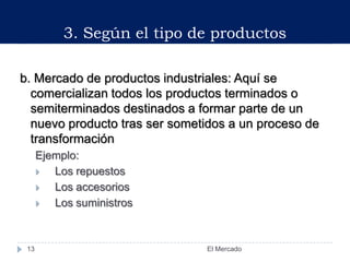 b. Mercado de productos industriales: Aquí se
comercializan todos los productos terminados o
semiterminados destinados a formar parte de un
nuevo producto tras ser sometidos a un proceso de
transformación
Ejemplo:
 Los repuestos
 Los accesorios
 Los suministros
3. Según el tipo de productos
13 El Mercado
 