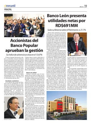 elmercantil                                                                                                                                                   ABRIL 2011   19
PRINCIPAL

                                                                                        Banco León presenta
                                                                                        utilidades netas por
                                                                                             RD$691MM
                                                                                          Sube su Retorno sobre el Patrimonio a 21.7%
                                                                                            Banco León comunicó a sus accio-
                                                                                        nistas que, al 31 de diciembre de 2010,
                                                                                        los activos de la entidad aumentaron a
                                                                                        RD$39,048.2 millones por encima de
                                                                                        los RD$35,293.5 millones obtenidos al

    Accionistas del                                                                     cierre de 2009, lo que muestra un in-
                                                                                        cremento de un 10.6%. Por otra parte,
                                                                                        la cartera de crédito bruta incrementó
                                                                                        de RD$22,313.3 millones al cierre de

    Banco Popular                                                                       2009 a RD$23,820.5 millones al cierre
                                                                                        de 2010, suma que representa un 6.8%
                                                                                        de crecimiento en relación con los re-

  aprueban la gestión                                                                   sultados del año anterior.
                                                                                            Carlos Guillermo León Nouel, presi-
                                                                                        dente de Banco León, afirmó que este
                                                                                        crecimiento se debe al esfuerzo de to-
     Su índice de solvencia se sitúa en el 13.67%                                       dos los que son parte de la Familia Ban-
                                                                                        co León y al respaldo de los clientes de
   El Banco Popular Dominicano cele-        Créditos Neta se elevó a RD$109,217         la institución. “Hemos logrado resulta-      un 9.6% sobre el comportamiento de
bró su Asamblea General Ordinaria           millones, superando en RD$19,861 mi-        dos que nos atrevemos a catalogar            2009; el índice de solvencia alcanzó un
Anual de accionistas en la sede central     llones el valor alcanzado en igual perí-    como excelentes y que demuestran             12.92% y el índice de liquidez un
de esa entidad financiera, ubicada en la    odo de 2009, para un incremento por-        que Banco León ha alcanzado impor-           39.30%, ; y al cierre de 2010, el patri-
Torre Popular. Durante su desarrollo se     centual de 22%. Este crecimiento se         tantes niveles de madurez y de fortale-      monio de la institución ascendía a
dio una positiva acogida al informe         orientó, principalmente, hacia présta-      za institucional”, y agregó: “El resultado   RD$3,650.42 millones, reflejando un in-
rendido por el Consejo de Directores,       mos comerciales a los sectores produc-      de 2010 es producto del enfoque de           cremento de un 23.4% respecto al
en la persona del presidente de la enti-    tivos y a la pequeña y mediana empre-       negocios que implementamos para              2009.
dad financiera y de ese Consejo, señor      sa, representando un incremento de          convertir las expectativas de los clien-        “En el período comprendido entre
Manuel A. Grullón, habiéndose apro-         RD$13, 264 millones.                        tes en el corazón de nuestra estrategia.     2009 y 2010, los activos productivos
bado la gestión de ese organismo du-                                                    El logro de estos resultados está direc-     del Banco Múltiple León aumentaron
rante el pasado año y otorgado, ade-            Mejoras de calidad                      tamente vinculado a la decisión de co-       en RD$3,202 millones, un 11.7%, al pa-
más, el debido descargo por la labor            Destacó, asimismo, que el incre-        locar al cliente en el centro de todas       sar de RD$27,328 a RD$30,530 millo-
desempeñada en el ejercicio fiscal          mento de esa cartera se logró con im-       nuestras acciones. Trabajamos para           nes, al tiempo que las utilidades netas
comprendido entre el 1 de enero y el        portantes mejoras en los indicadores        simplificar la vida de nuestros clientes”.   se incrementaban de RD$358.9 a
31 de diciembre del año 2010.               de calidad, al observarse que la Cartera        León Nouel hizo referencia al mar-       RD$691.4 millones. Como consecuen-
                                            vencida y en Mora representó un             gen financiero bruto, que fue de             cia de este comportamiento, el Retor-
   Resultados cuantitativos                 1.80% de la Cartera Bruta, que al com-      RD$3,632.8 millones, superando los           no sobre el Patrimonio (ROE) pasó de
   En el informe del Consejo de Direc-      pararse con el año 2009 refleja una dis-    RD$3,347.9 millones obtenidos en             un 14% en el 2009 a un 21.7% en el
tores ante los asambleístas, el presi-      minución favorable de 0.64%, y un ín-       2009, representando esto un incre-           2010 y el Retorno sobre los Activos
dente de la institución financiera des-     dice de Cobertura de Cartera vencida        mento de un 8.5%. Otros indicadores          (ROA) subió de un 1.09% en el 2009 a
tacó que al cierre del año 2010 los Acti-   que aumentó de 139.35% a 182.99%. El        que destacó fueron: La cartera de de-        un 1.83% en el 2010,” resaltó Manuel
vos Totales de la entidad bancaria as-      informe precisa que los Depósitos To-       pósitos subió a RD$33,460 millones,          Peña-Morros, presidente del Consejo
cendieran a RD$178,523 millones, ex-        tales de la entidad financiera se eleva-    que corresponde a un incremento de           de Administración del Banco.
perimentando un aumento de                  ron a la suma de RD$153,371 millones,
RD$23,481 millones, equivalente a un        superando en RD$19,420 millones el
15% con relación al total logrado al cie-   valor alcanzado al finalizar el año 2009,
rre del año 2009. Dijo que la Cartera de    lo que equivale a un crecimiento en el
                                            orden de un 14%.
                                                Por su parte, el Patrimonio Técnico
                                            que respaldó las operaciones del Ban-
                                            co Popular Dominicano cerró el año
                                            2010 con un saldo de RD$16,791 millo-
                                            nes, lo que arroja un crecimiento de
                                            RD$2,060 millones.
                                                Este aumento permitió a la institu-
                                            ción financiera alcanzar un índice de
                                            solvencia de 13.67%. De acuerdo al in-
                                            forme, el ejercicio social durante el pa-
                                            sado año presentó Utilidades Brutas
                                            por un valor de RD$4,785 millones, que
                                            luego de rebajar el monto estimado
                                            para el pago de impuesto sobre la ren-
                                            ta, ascendente a RD$1,044 millones, re-
                                            sultan en Utilidades Netas por valor de
Manuel A. Grullón.                          RD$3,741 millones.
 