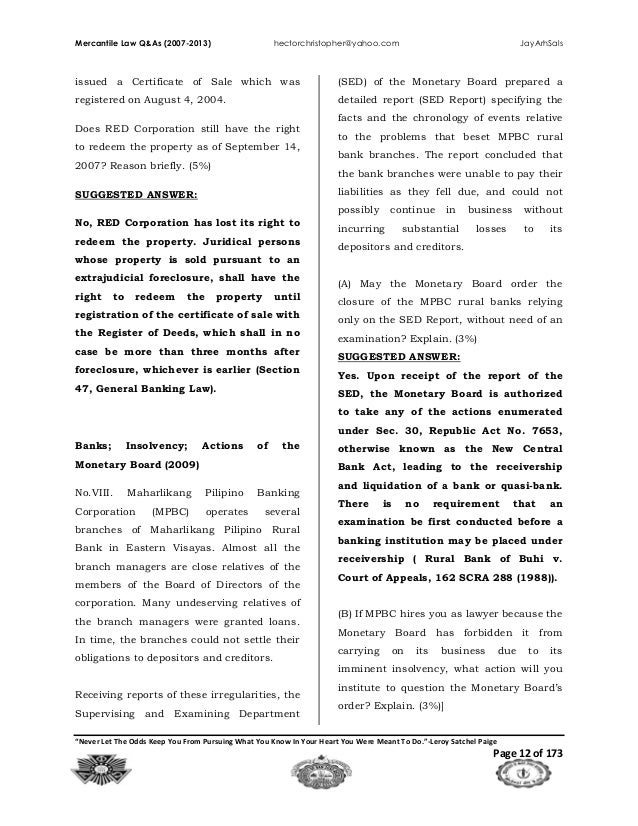 Bar exam questions in mercantile law