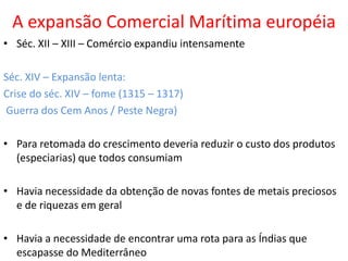 REVOLUÇÃO DE AVIS (1383 – 1385)A morte do rei Fernando de Borgonha – crise dinásticaREVOLUÇÃO DE AVIS (1383 – 1385) crise dinástica somada ao eterno conflito entre lusos e castelhanosPopulação (arraia miúda)  + grupo mercantil (Burguesia) chefiado pelo mestre da Ordem Militar de Avis  = Dom João I (iniciando a Dinastia de Avis)Da aliança de D. João I  +  grupo mercantil (início da Expansão Ultramarina )
