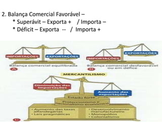 Princípios Mercantilistas3.Protecionismo – para que a balança comercial fosse favorável, o Estado deveria incentivar a produção de artigos; evitar a saída de matérias-primas ; e dificultar a importação de produtos concorrentes.