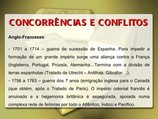 CONCORRÊNCIAS E CONFLITOS Anglo-Franceses : - 1701 a 1714 – guerra de sucessão de Espanha. Para impedir a formação de um grande império surge uma aliança contra a França (Inglaterra, Portugal, Prússia, Alemanha…Termina com a divisão de terras espanholas (Tratado de Utrecht – Antilhas, Gibraltar…); 1756 a 1763 – guerra dos 7 anos (emigração inglesa para o Canadá (que obtém, após o Tratado de Paris). O império colonial francês é arruinado e a hegemonia britânica é assegurada, apoiada numa complexa rede de feitorias por todo o Atlântico, Índico e Pacífico. 