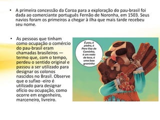 • A primeira concessão da Coroa para a exploração do pau-brasil foi
dada ao comerciante português Fernão de Noronha, em 1503. Seus
navios foram os primeiros a chegar à ilha que mais tarde recebeu
seu nome.
• As pessoas que tinham
como ocupação o comércio
do pau-brasil eram
chamadas brasileiros —
termo que, com o tempo,
perdeu o sentido original e
passou a ser utilizado para
designar os colonos
nascidos no Brasil. Observe
que o sufixo -eiro é
utilizado para designar
ofício ou ocupação, como
ocorre em engenheiro,
marceneiro, livreiro.
 