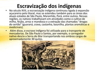 • No século XVII, a escravização indígena continuou ligada à expansão
açucareira pelo litoral, mas se estendeu também para as áreas dos
atuais estados de São Paulo, Maranhão, Pará, entre outros. Nessas
regiões, os nativos trabalhavam em atividades como o cultivo de
milho, feijão, arroz e mandioca e a extração das chamadas "drogas
do sertão" (guaraná, cravo, castanha, baunilha, plantas aromáticas e
medicinais).
• Além disso, o escravo indígena foi utilizado para o transporte de
mercadorias. De São Paulo a Santos, por exemplo, o carregador
nativo descia a Serra do Mar transportando nos ombros cargas de
aproximadamente 30 quilos.
Escravização dos indígenas
 