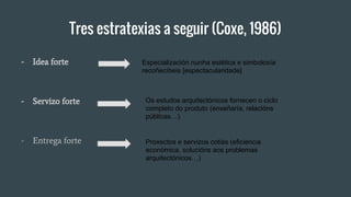Tres estratexias a seguir (Coxe, 1986)
- Idea forte
- Servizo forte
- Entrega forte
Especialización nunha estética e simbo...