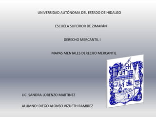 UNIVERSIDAD AUTÓNOMA DEL ESTADO DE HIDALGO


                 ESCUELA SUPERIOR DE ZIMAPÁN


                     DERECHO MERCANTIL I


               MAPAS MENTALES DERECHO MERCANTIL




LIC. SANDRA LORENZO MARTINEZ

ALUMNO: DIEGO ALONSO VIZUETH RAMIREZ
 