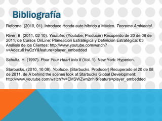 Reforma. (2010, 01). Introduce Honda auto híbrido a México.   Teorema Ambiental. River, B. (2011, 02 10).  Youtube . (Youtube, Producer) Recuperdo de 20 de 08 de 2011, de Cursos OnLine: Planeacion Estratégica y Definicion Estratégica: 03 Análisis de los Clientes: http://www.youtube.com/watch?v=Adezu61wCzY&feature=player_embedded   Schultz, H. (1997).   Pour Your Heart Into It   (Vol. 1). New York: Hyperion. Starbucks. (2010, 10 08).  Youtube . (Starbucks, Producer) Recuperado el 20 de 08 de 2011, de A behind the scenes look at Starbucks Global Development: http://www.youtube.com/watch?v=EMSWZwn2nhI&feature=player_embedded 