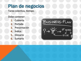 Tarea colectiva, tiempo. Debe contener: Cubierta Portada Presentación Índice Glosario Sumario 