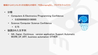 機械からみたメルカリの自動化の傾向 ( 今回scrapingなし、ブログタイトルだけ)
• 分類
• Computers & Electronics/Programming Confidence
• 0.8299999833106995
• Science/Computer Science Confidence
• 0.75
• 強調された文字列
• QA, Zapier, Continous, version application Support Automatic
WORK_OF_ART, business automation OTHER
 