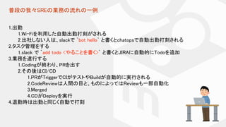 普段の我々SREの業務の流れの一例
1.出勤
1.Wi-Fiを利用した自動出勤打刻がされる
2.出社しない人は、slackで `bot hello` と書くとchatopsで自動出勤打刻される
2.タスク管理をする
1.slack で `add todo <やることを書く>` と書くとJIRAに自動的にTodoを追加
3.業務を遂行する
1.Codingが終わり、PRを出す
2.その後はCI/CD
1.PRがTriggerでCIがテストやBuildが自動的に実行される
2.CodeReviewは人間の目と、ものによってはReviewも一部自動化
3.Merged
4.CDがDeployを実行
4.退勤時は出勤と同じく自動で打刻
 