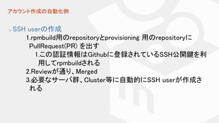 アカウント作成の自動化例
SSH userの作成
1.rpmbuild用のrepositoryとprovisioning 用のrepositoryに
PullRequest(PR) を出す
1.この認証情報はGithubに登録されているSSH公開鍵を利
用してrpmbuildされる
2.Reviewが通り、Merged
3.必要なサーバ群、Cluster等に自動的にSSH userが作成さ
れる
 