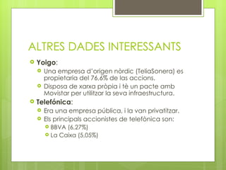 ALTRES DADES INTERESSANTS
   Yoigo:
       Una empresa d’origen nòrdic (TeliaSonera) es
        propietaria del 76,6% de las accions.
       Disposa de xarxa pròpia i tè un pacte amb
        Movistar per utilitzar la seva infraestructura.
   Telefónica:
       Era una empresa pública, i la van privatitzar.
       Els principals accionistes de telefònica son:
         BBVA (6,27%)
         La Caixa (5,05%)
 