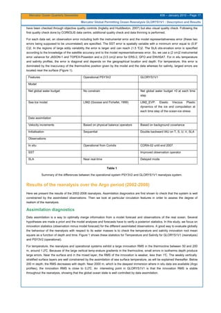 Mercator Ocean Quarterly Newsletter #36 – January 2010 – Page 17
Mercator Global Permitting Ocean Reanalysis GLORYS1V1 : Description and Results
have been checked through objective quality controls (Ingleby and Huddleston, 2007) but also visual quality check. Following the
first quality check done by CORIOLIS data centre, additional quality check and data thinning is performed.
For each data set, an observation error including both the instrumental error and the model representativeness error (these two
errors being supposed to be uncorrelated) are specified. The SST error is spatially variable with a minimum error equal to (0.9°
C)2. In the regions of large eddy variability the error is larger and can reach (1.5 °C)2. The SLA obs ervation error is specified
according to the knowledge of the satellite accuracy and to the model representativeness error. So, we use a (2 cm)2 instrumental
error variance for JASON-1 and TOPEX-Poseidon and a (3.5 cm)2 error for ERS-2, GFO and ENVISAT. For in situ temperature
and salinity profiles, the error is diagonal and depends on the geographical location and depth. For temperature, this error is
dominated by the inaccuracy of the thermocline position given by the model and the data whereas for salinity, largest errors are
located near the surface (Figure 1).
Features Operational PSY3V2 GLORYS1V1
Model
Net global water budget No constrain Net global water budget =0 at each time
step
Sea Ice model LIM2 (Goosse and Fichefet, 1999) LIM2_EVP: Elastic Viscous Plastic
dynamics of the ice and computation at
each time step of the ocean-ice stress
Data assimilation
Velocity increments Based on physical balance operators Based on background covariance
Initialisation Sequential Double backward IAU on T, S, U, V, SLA
Observations
In situ Operational from Coriolis CORA-02 until end 2007
SST Improved observation operator
SLA Near real-time Delayed mode
Table 1
Summary of the differences between the operational system PSY3V2 and GLORYS1V1 reanalysis system.
Results of the reanalysis over the Argo period (2002-2008)
Here we present the results of the 2002-2008 reanalysis. Assimilation diagnostics are first shown to check that the system is well
constrained by the assimilated observations. Then we look at particular circulation features in order to assess the degree of
realism of the reanalysis.
Assimilation diagnostics
Data assimilation is a way to optimally merge information from a model forecast and observations of the real ocean. Several
hypotheses are made a priori and the model analyses and forecasts have to verify a posteriori statistics. In this study, we focus on
innovation statistics (observation minus model forecast) for the different assimilated observations. A good way to evaluate globally
the behaviour of the reanalysis with respect to its water masses is to check the temperature and salinity innovation root mean
square as a function of depth and time. Figure 1 shows these statistics for Temperature and Salinity for GLORYS1V1 (reanalysis)
and PSY3V2 (operational).
For temperature, the reanalysis and operational systems exhibit a large innovation RMS in the thermocline between 50 and 200
m, around 1.2°C. Because of the large vertical temp erature gradients in the thermocline, small errors in isotherms depth produce
large errors. Near the surface and in the mixed layer, the RMS of the innovation is weaker, less than 1°C. The weakly vertically
stratified surface layers are well constrained by the assimilation of sea surface temperature, as will be explained thereafter. Below
200 m depth, the RMS decreases with depth. Near 2000 m, which is the deepest immersion where in situ data are available (Argo
profiles), the innovation RMS is close to 0.2°C. An interesting point in GLORYS1V1 is that the innovation RMS is stable
throughout the reanalysis, showing that the global ocean state is well controlled by data assimilation.
 