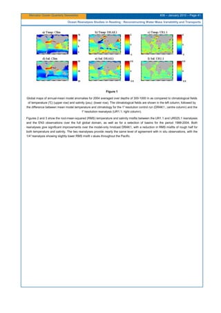 Mercator Ocean Quarterly Newsletter #36 – January 2010 – Page 41
Ocean Reanalysis Studies in Reading : Reconstructing Water Mass Variablility and Transports
Figure 1
Global maps of annual-mean model anomalies for 2004 averaged over depths of 300-1000 m as compared to climatological fields
of temperature (°C) (upper row) and salinity (psu) (lower row). The climatological fields are shown in the left column, followed by
the difference between mean model temperature and climatology for the 1°resolution control run (DRAK1 ; centre column) and the
1°resolution reanalysis (UR1.1; right column).
Figures 2 and 3 show the root-mean-squared (RMS) temperature and salinity misfits between the UR1.1 and UR025.1 reanalyses
and the EN3 observations over the full global domain, as well as for a selection of basins for the period 1988-2004. Both
reanalyses give significant improvements over the model-only hindcast DRAK1, with a reduction in RMS misfits of rough half for
both temperature and salinity. The two reanalyses provide nearly the same level of agreement with in situ observations, with the
1/4°reanalysis showing slightly lower RMS misfit v alues throughout the Pacific.
 