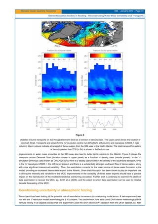 Mercator Ocean Quarterly Newsletter #36 – January 2010 – Page 45
Ocean Reanalysis Studies in Reading : Reconstructing Water Mass Variablility and Transports
Figure 6
Modelled Volume transports (in Sv) through Denmark Strait as a function of density class. The upper panel shows the location of
Denmark Strait. Transports are shown for the ¼°res olution control run (DRAK025; left column) and reanalysis (UR025.1; right
column). Warm colours indicate a transport of dense waters from the GIN seas to the North Atlantic. The total transport for waters
of density greater than 27.8 (in Sv) is shown in the bottom row.
Improvements in water mass properties in the GIN seas also lead to better Arctic exports to the Atlantic. Figure 6 shows the
transports across Denmark Strait (location shown in upper panel) as a function of density class (middle panels). In the ¼°
simulation DRAK025 (also known as ORCA025-G70) there is a steady upward drift in the density of the southward transport, while
in the ¼° reanalysis UR025.1, this drift is not present and there is a substantially stronger southward flow of dense waters, along
with more significant interannual variability. Thus, the assimilation corrects for the lower volume of dense water formation in the
model, providing an increased dense water export to the Atlantic. Given that this export has been shown to play an important role
in driving the intensity and variability of the MOC, improvements in the variability of dense water exports should have a positive
impact on the reproduction of the modeled meridional overturning circulation. Further work is underway to examine the ability of
data assimilation to recover the MOC, eg. Smith et al (2009), and the extent to which data assimilation can be used to initialize
decadal forecasting of the MOC.
Constraining uncertainty in atmospheric forcing
Recent work has been looking at the potential role of assimilation increments in constraining model errors. A twin experiment was
run with the 1°resolution model assimilating the E N3 dataset. Two assimilation runs each used ERA-Interim meteorological bulk
formula forcing in all aspects except that one experiment used the Short Wave (SW) radiation from the DFS4 dataset, i.e. from
 