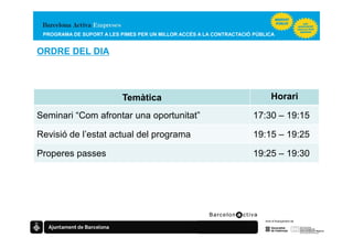 PROGRAMA DE SUPORT A LES PIMES PER UN MILLOR ACCÉS A LA CONTRACTACIÓ PÚBLICA


ORDRE DEL DIA




                           Temàtica                                        Horari

Seminari “Com afrontar una oportunitat”                               17:30 – 19:15

Revisió de l’estat actual del programa                                19:15 – 19:25

Properes passes                                                       19:25 – 19:30
 