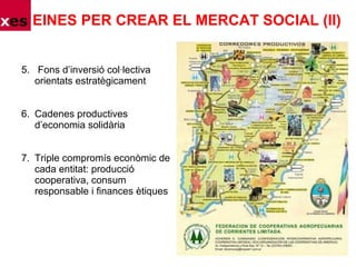5. Fons d’inversió col·lectiva
orientats estratègicament
6. Cadenes productives
d’economia solidària
7. Triple compromís econòmic de
cada entitat: producció
cooperativa, consum
responsable i finances ètiques
EINES PER CREAR EL MERCAT SOCIAL (II)
 