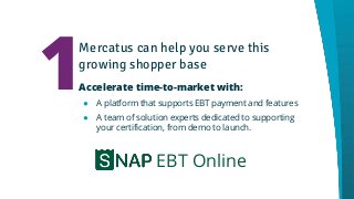 Mercatus can help you serve this
growing shopper base
Accelerate time-to-market with:
● A platform that supports EBT payment and features
● A team of solution experts dedicated to supporting
your certification, from demo to launch.
1
EBT Online
 
