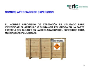 11
NOMBRE APROPIADO DE EXPEDICION
EL NOMBRE APROPIADO DE EXPEDICIÓN ES UTILIZADO PARA
IDENTIFICAR EL ARTÍCULO O SUSTANCIA PELIGROSA EN LA PARTE
EXTERNA DEL BULTO Y EN LA DECLARACIÓN DEL EXPEDIDOR PARA
MERCANCÍAS PELIGROSAS.
 