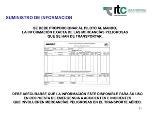 11
SUMINISTRO DE INFORMACION
SE DEBE PROPORCIONAR AL PILOTO AL MANDO,
LA INFORMACIÓN EXACTA DE LAS MERCANCÍAS PELIGROSAS
QUE SE HAN DE TRANSPORTAR.
DEBE ASEGURARSE QUE LA INFORMACIÓN ESTE DISPONIBLE PARA SU USO
EN RESPUESTA DE EMERGENCIA A ACCIDENTES E INCIDENTES
QUE INVOLUCREN MERCANCÍAS PELIGROSAS EN EL TRANSPORTE AÉREO.
 
