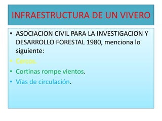INFRAESTRUCTURA DE UN VIVEROASOCIACION CIVIL PARA LA INVESTIGACION Y DESARROLLO FORESTAL 1980, menciona lo siguiente:Cercos.Cortinas rompe vientos.Vías de circulación.