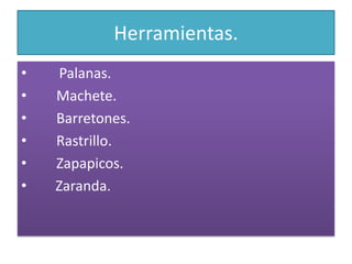 Herramientas.       Palanas.	Machete.	Barretones.	Rastrillo.	Zapapicos.      Zaranda.