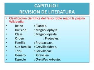 CAPITULO I REVISION DE LITERATURAClasificación científica del Falso roble según la página Wikipedia.	Reino 		: Plantae.Division	: Magnoliophyta.	Clase		: Magnoliopsida.	Orden 		: Proteales.	Familia	: Proteaceae.	Sub familia	: Grevilleoideae.	Tribu		: Grevilleeae.	Genero           : Grevillea	Especie	: Grevillea robusta.