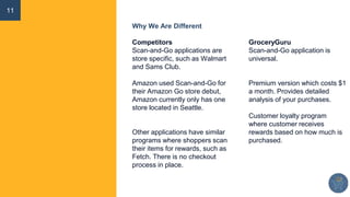 Why We Are Different
GroceryGuru
Scan-and-Go application is
universal.
Premium version which costs $1
a month. Provides detailed
analysis of your purchases.
Customer loyalty program
where customer receives
rewards based on how much is
purchased.
11
Competitors
Scan-and-Go applications are
store specific, such as Walmart
and Sams Club.
Amazon used Scan-and-Go for
their Amazon Go store debut,
Amazon currently only has one
store located in Seattle.
Other applications have similar
programs where shoppers scan
their items for rewards, such as
Fetch. There is no checkout
process in place.
 