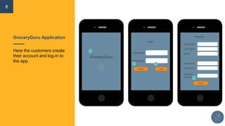 8
GroceryGuru Application
Here the customers create
their account and log-in to
the app.
 