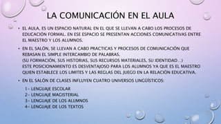 LA COMUNICACIÓN EN EL AULA
• EL AULA, ES UN ESPACIO NATURAL EN EL QUE SE LLEVAN A CABO LOS PROCESOS DE
EDUCACIÓN FORMAL. EN ESE ESPACIO SE PRESENTAN ACCIONES COMUNICATIVAS ENTRE
EL MAESTRO Y LOS ALUMNOS.
• EN EL SALÓN, SE LLEVAN A CABO PRACTICAS Y PROCESOS DE COMUNICACIÓN QUE
REBASAN EL SIMPLE INTERCAMBIO DE PALABRAS.
(SU FORMACIÓN, SUS HISTORIAS, SUS RECURSOS MATERIALES, SU IDENTIDAD…)
ESTE POSICIONAMIENTO ES DESVENTAJOSO PARA LOS ALUMNOS YA QUE ES EL MAESTRO
QUIEN ESTABLECE LOS LIMITES Y LAS REGLAS DEL JUEGO EN LA RELACIÓN EDUCATIVA.
• EN EL SALÓN DE CLASES INFLUYEN CUATRO UNIVERSOS LINGÜÍSTICOS:
1- LENGUAJE ESCOLAR
2- LENGUAJE MAGISTERIAL
3- LENGUAJE DE LOS ALUMNOS
4- LENGUAJE DE LOS TEXTOS
 