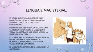LENGUAJE MAGISTERIAL.
• ES AQUEL QUE UTILIZA EL DOCENTE EN LA
RELACIÓN QUE ESTABLECE TANTO CON LOS
ALUMNOS COMO CON EL OBJETO DE
CONOCIMIENTO.
• NO SOLO IMPLICA EL USO DE LA PALABRA, SINO
TAMBIÉN LA ENTONACIÓN, EL LENGUAJE NO
VERBAL (LA MIRADA, EL USO DE LAS MANOS, LA
EXPRESIÓN DE LA CARA…)
• ES EL PRINCIPAL INSTRUMENTO DEL DOCENTE, YA
QUE LA ENSEÑANZA ES LA NARRACIÓN,
MONOLOGO, INTERCAMBIO, ASÍ COMO LA
TRANSMISIÓN DE CONTENIDOS.
• EL LENGUAJE MAGISTERIAL ES EL LENGUAJE DE LA
AUTORIDAD.
 