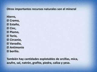 Otros importantes recursos naturales son el mineral
Hierro,
El Cromo,
El Estaño,
El Cinc,
El Plomo,
El Torio,
El Circonio,
El Vanadio,
El Antimonio
El berilio.
También hay cantidades explotables de arcillas, mica,
azufre, sal, natrón, grafito, piedra, caliza y yeso.
 