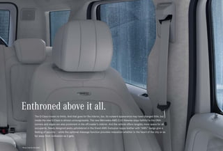 *Please read the disclaimer.
Enthroned above it all.
The G-Class knows no limits. And that goes for the interior, too. Its outward appearance may have changed little, but
inside the new G-Class is almost unrecognisable. The new Mercedes-AMG G 63 likewise stays faithful to the DNA:
corners and edges are also prominent in the off-roader’s interior. And the vehicle offers tangibly more space for all
occupants. Newly designed seats upholstered in the finest AMG Exclusive nappa leather with “AMG” badge give a
feeling of security – while the optional massage function provides relaxation whether in the heart of the city or as
far away from civilisation as it gets.
 