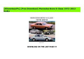 DOWNLOAD ON THE LAST PAGE !!!!
[#Download%] (Free Download) Mercedes-Benz S-Class 1972-2013 Ebook Ever since their introduction in 1972, the S-Class saloons from Mercedes-Benz have been considered the pinnacle of automotive excellence. For most of the time, ownership of an S-Class - at least, of a reasonably recent one - has been symbolic of material success and of restrained yet impeccable good taste. Several other car makers have nibbled at the edges of the S-Class market, but none has produced a viable and lasting alternative to the big Benz. Mercedes-Benz S-Class 1972-2013 charts the evolution and success of the series, from the W116 model, the first to be designed from the ground up as a large luxury saloon, through to the C126 coupe, one of the all-time Mercedes-Benz classic designs. Topics covered within this book include:- Development and production of the W126 saloons and classic W126 coupes.- The W140 saloons in the 1990s.- The 140 coupes, the W220 models and the elegant 215 coupes.- The W221 models, introduced at the Frankfurt International Motor Show in 2005.- The C216 coupes and the future of Mercedes-Benz S-Class.
[#Download%] (Free Download) Mercedes-Benz S-Class 1972-2013
books
 