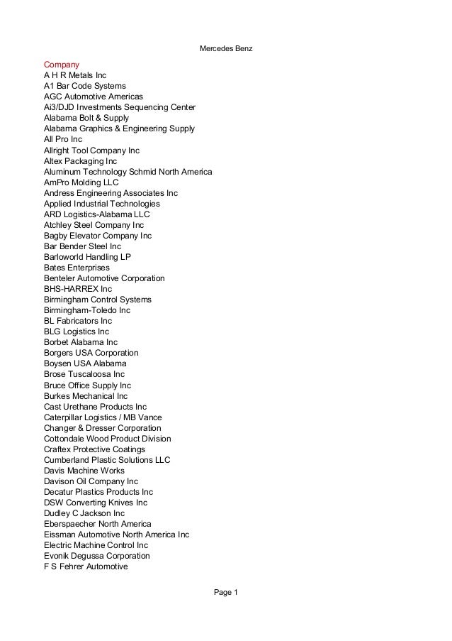 Mercedes Benz Suppliers List