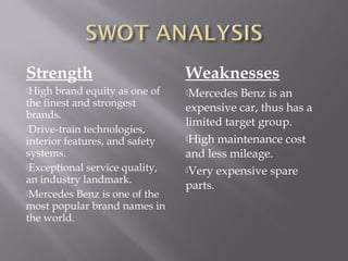 Strength

Weaknesses

High

Mercedes

brand equity as one of
the finest and strongest
brands.
Drive-train technologies,
interior features, and safety
systems.
Exceptional service quality,
an industry landmark.
Mercedes Benz is one of the
most popular brand names in
the world.

Benz is an
expensive car, thus has a
limited target group.
High maintenance cost
and less mileage.
Very expensive spare
parts.

 