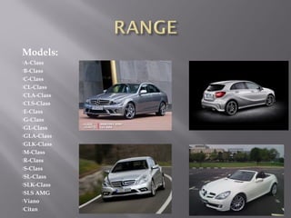 Models:
A-Class
B-Class
C-Class
CL-Class
CLA-Class
CLS-Class
E-Class
G-Class
GL-Class
GLA-Class
GLK-Class
M-Class
R-Class
S-Class
SL-Class
SLK-Class
SLS

AMG
Viano
Citan

 