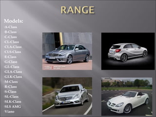 Models:
A-Class
B-Class
C-Class
CL-Class
CLA-Class
CLS-Class
E-Class
G-Class
GL-Class
GLA-Class
GLK-Class
M-Class
R-Class
S-Class
SL-Class
SLK-Class
SLS AMG
Viano
 