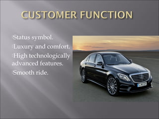 Status symbol.
Luxury and comfort.
High technologically
advanced features.
Smooth ride.
 