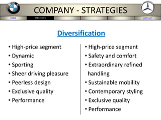 HOME BMW-US SITE MERCEDES-US SITE CONCLUSION CONTACTSTRATEGIES
COMPANY - STRATEGIES
• High-price segment
• Dynamic
• Sporting
• Sheer driving pleasure
• Peerless design
• Exclusive quality
• Performance
• High-price segment
• Safety and comfort
• Extraordinary refined
handling
• Sustainable mobility
• Contemporary styling
• Exclusive quality
• Performance
Diversification
 