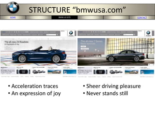 HOME PORTERS 5-FORCES MERCEDES-US SITE CONCLUSION CONTACTBMW-US SITE
STRUCTURE “bmwusa.com”
• Acceleration traces
• An expression of joy
• Sheer driving pleasure
• Never stands still
 